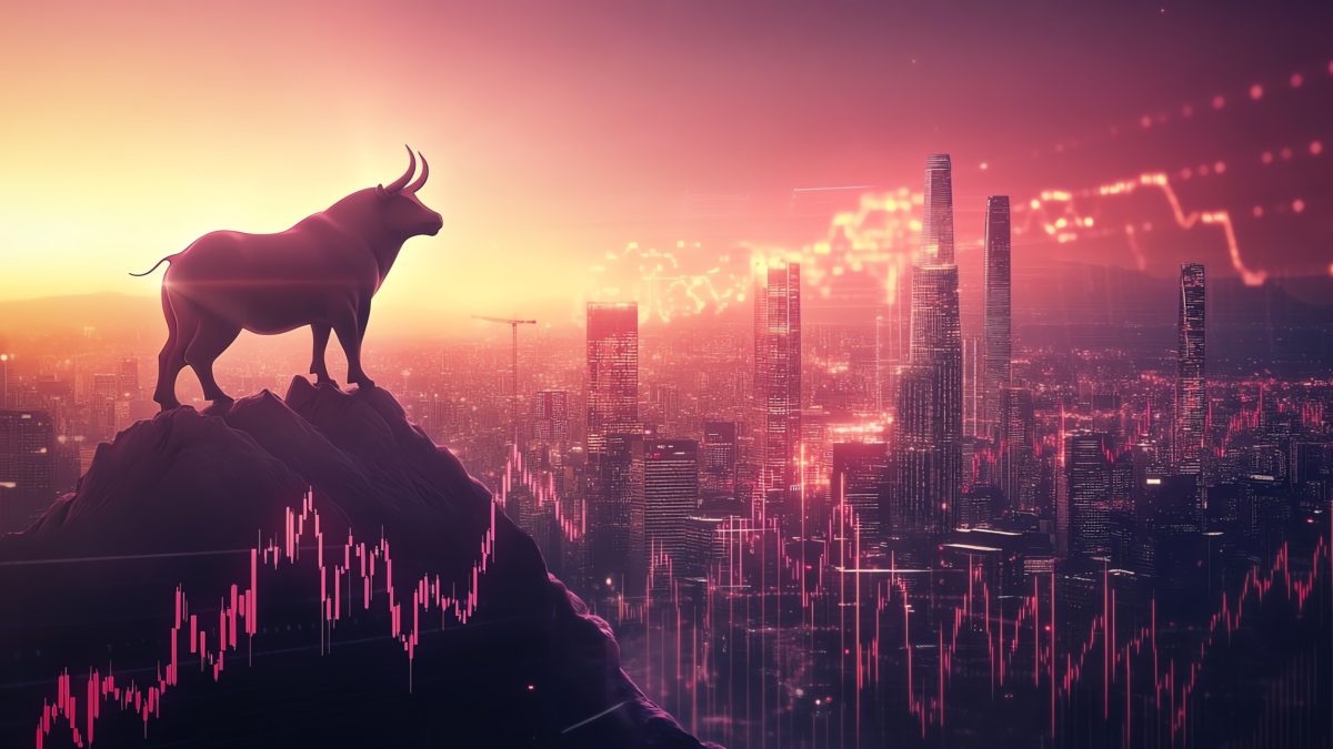 Bull standing atop a mountain of stock market charts, symbolizing bullish outlook and volatile equities performance, glowing light from the horizon hints at future growth