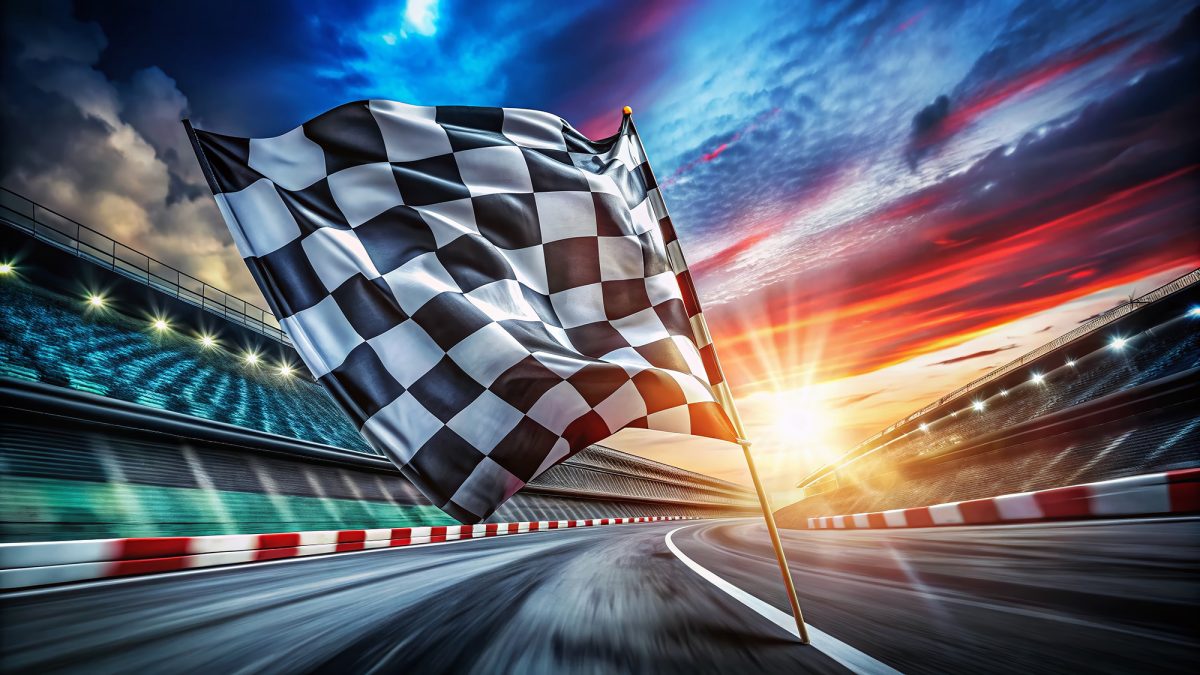 Vibrant Checkered Flag in Motion: Victory, Speed, Racing, Long Exposure Stock Photo