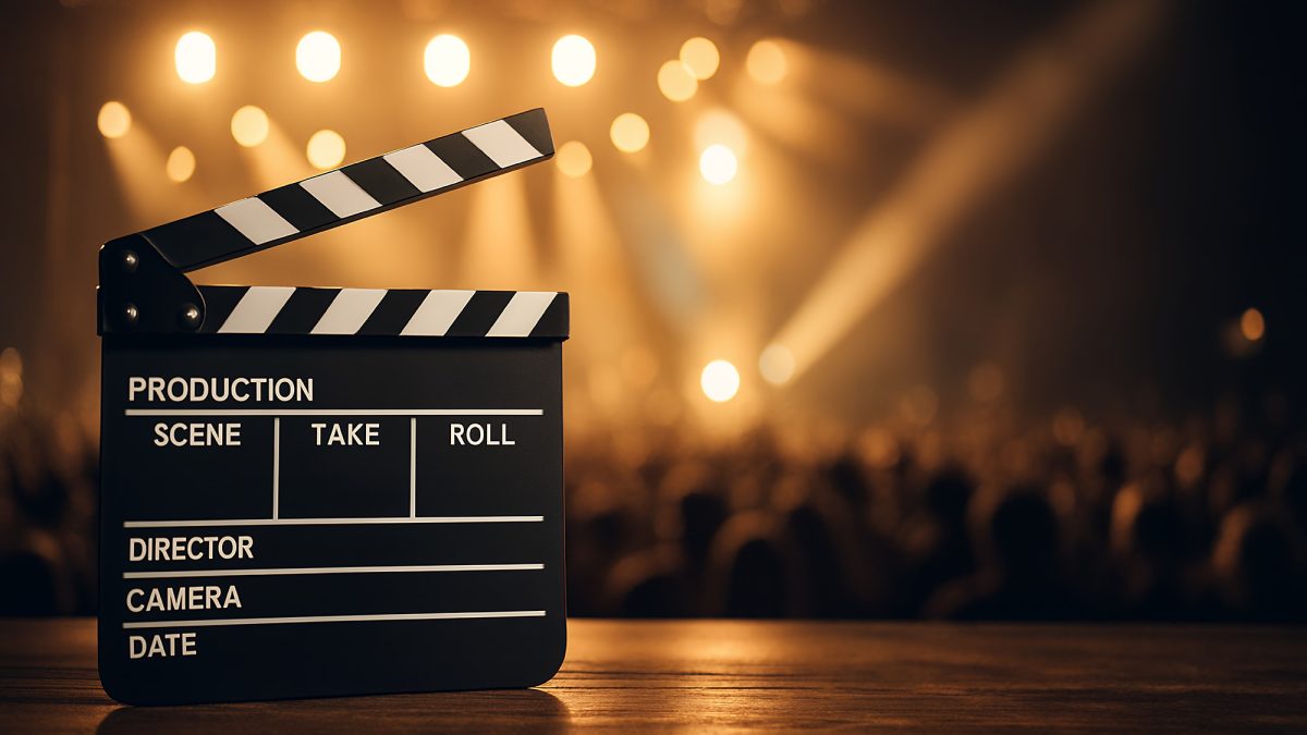 Black film clapperboard on wooden table with blurred background