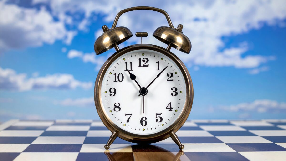 A vintage alarm clock sits on chessboard, surrounded by serene sky with fluffy clouds. clock classic design adds touch of nostalgia, evoking feelings of time and strategy